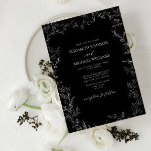 Elegant Modern Black & White Minimal Leaf Wedding Invitation