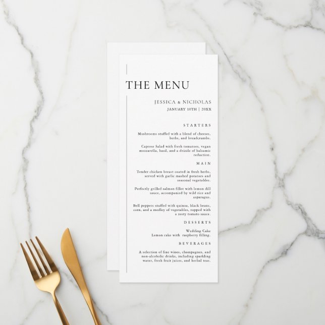 Elegant Modern Black & White Minimal Wedding Menu (Front/Back In Situ)