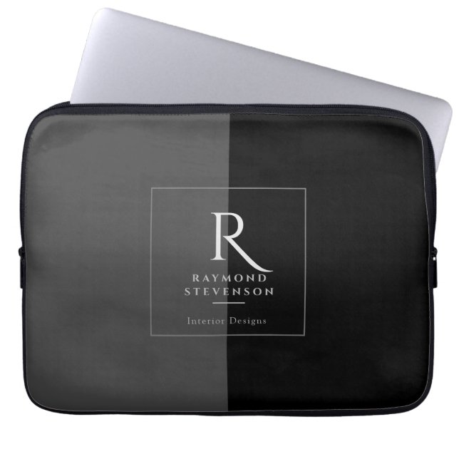 Elegant Modern Black White Monogrammed Laptop Sleeve (Front)