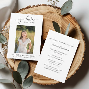 Elegant Modern Black & White Photo Graduation Invitation