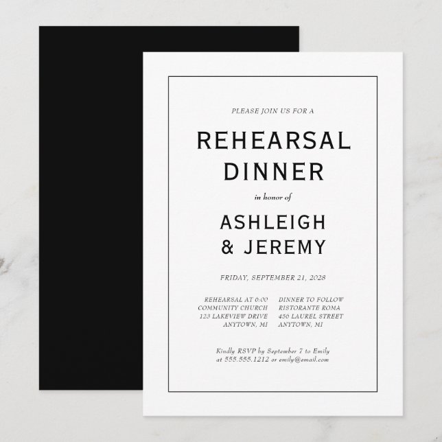 Elegant Modern Black White Rehearsal Dinner Invitation (Front/Back)