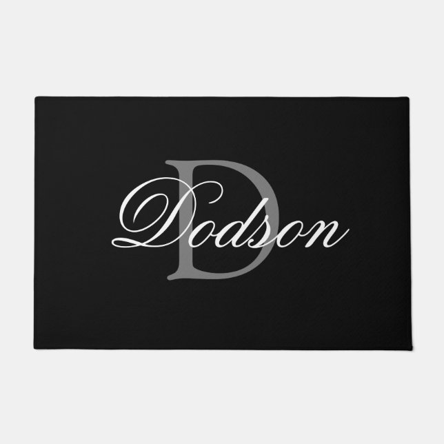 Elegant Modern Black White Script Monogram Family Doormat (Front)