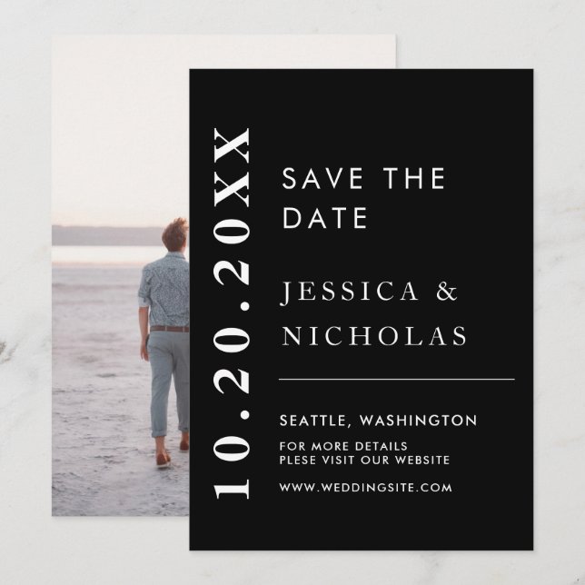 Elegant Modern Black & White Simple Wedding Photo Save The Date (Front/Back)