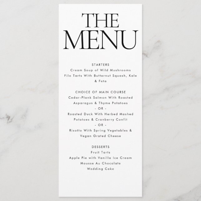 Elegant Modern Black White Wedding Dinner Menu (Front)