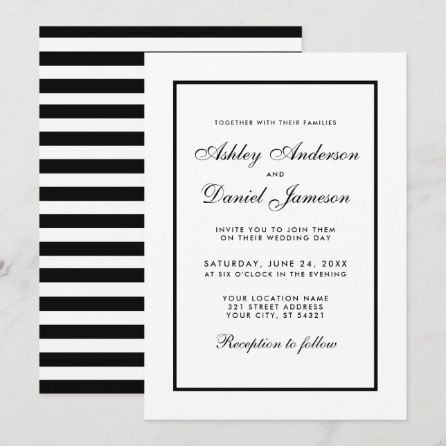 Elegant Modern Black White Wedding Invitation S (Front/Back)