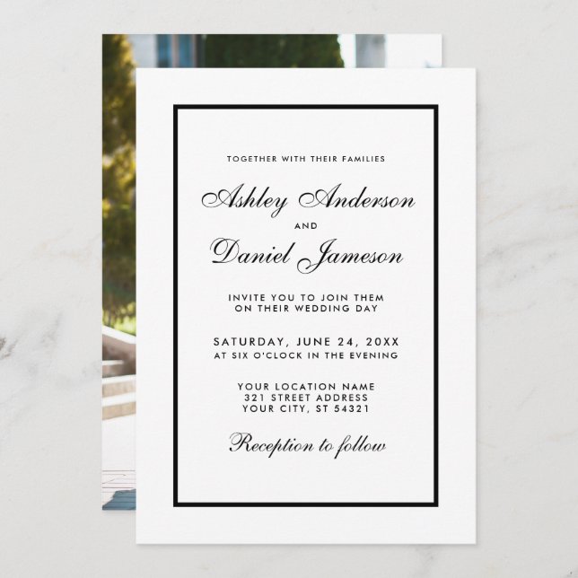 Elegant Modern Black & White Wedding Invite Photo (Front/Back)