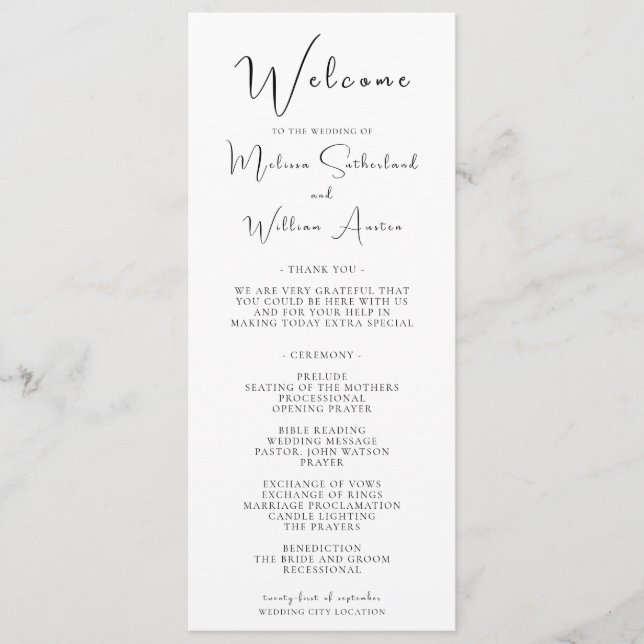 Elegant Modern Black & White Wedding  Programme (Front)
