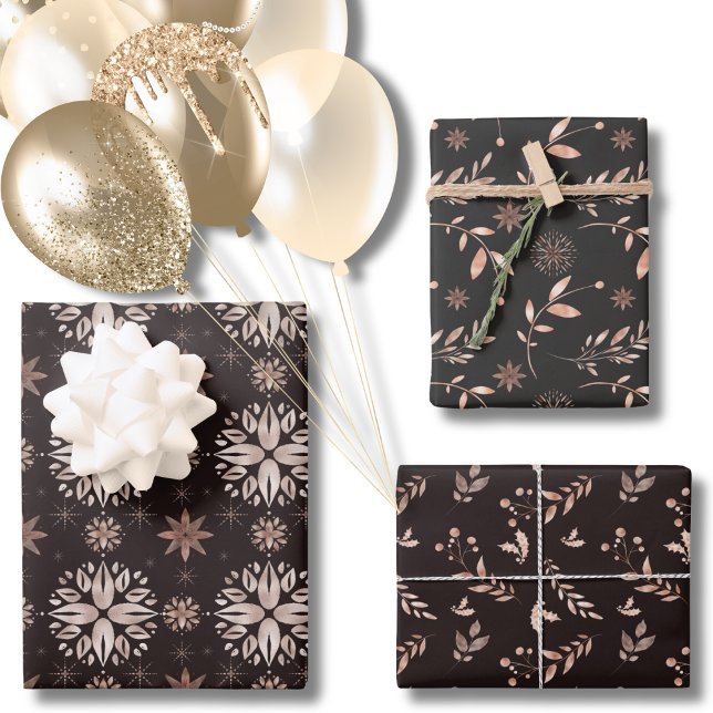 Elegant Modern Black Winter or Holiday Botanical  Wrapping Paper Sheet (Elegant Black Winter Botanical Wrapping Paper Sheets)