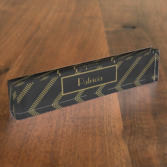Elegant Modern Black with Dotted Gold Lines Nameplate (Side)