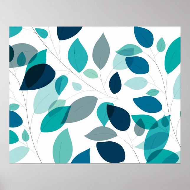 Elegant Modern Blue and Green Leaves Pattern | Poster (Front)