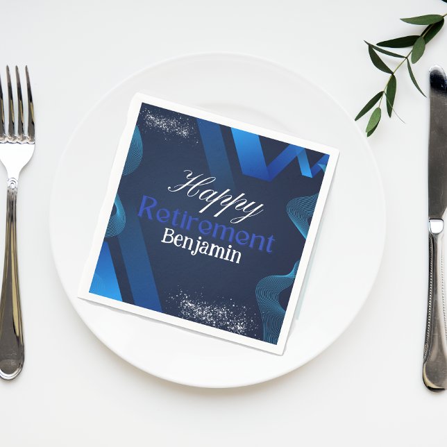 Elegant Modern Blue and White Happy Retirement  Napkin (Creator Uploaded)