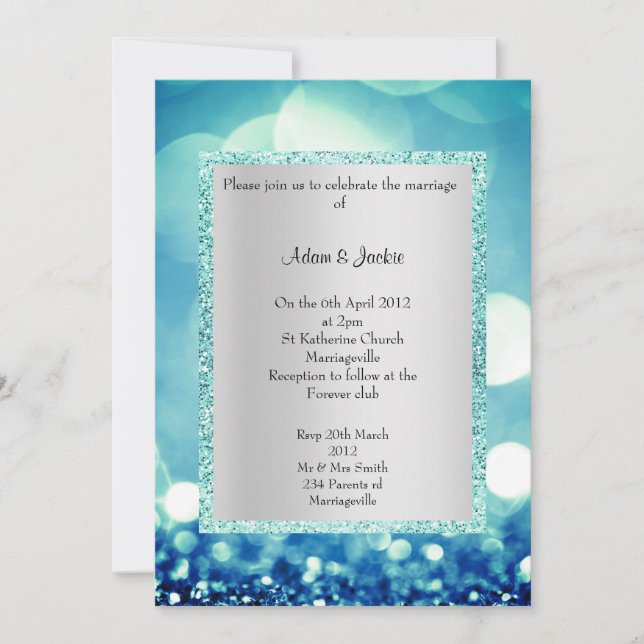 ELEGANT& MODERN BLUE AQUA GLITTER WEDDING INVITATION (Front)