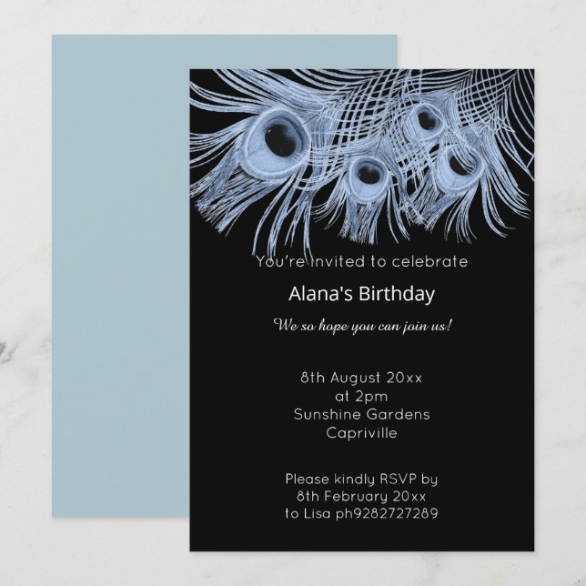 ELEGANT MODERN BLUE BLACK PEACOCK FEATHERS INVITATION (Front/Back)