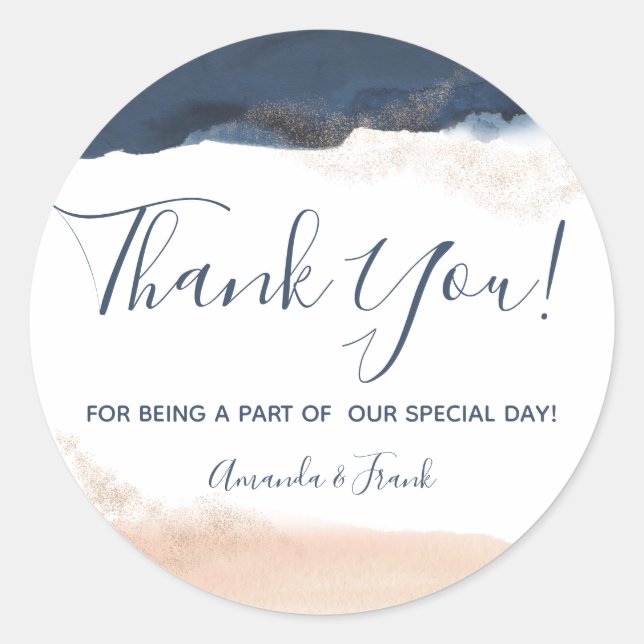 Elegant Modern Blue Blush Pink Thank You Classic Round Sticker (Front)