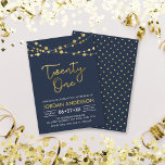 Elegant Modern Blue Faux Gold Lights 21st Birthday Invitation<br><div class="desc">Modern 21st Birthday invitation featuring elegant strings of lights and the word "Twenty One" in faux gold against a dark blue background. Card includes a matching pattern back side. Check out other matching items here https://www.zazzle.com/collections/strings_of_lights_faux_gold_celebration_collection-119311942951401241?rf=238364477188679314 Personalise it by replacing the placeholder text to add your information. For more options click...</div>