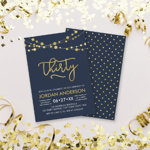 Elegant Modern Blue Faux Gold Lights 30th Birthday Invitation