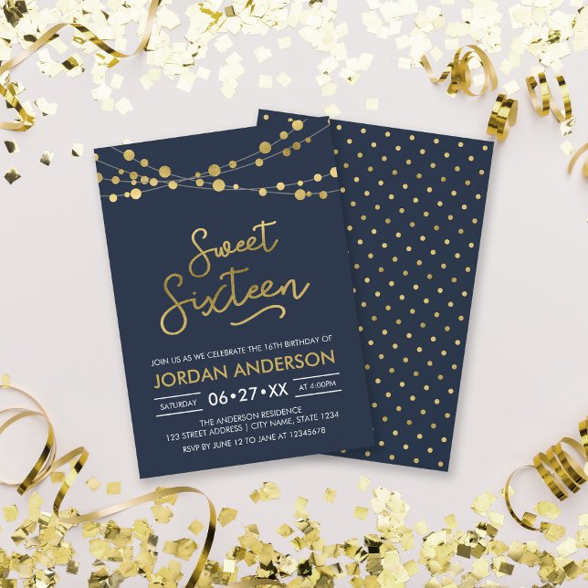 Elegant Modern Blue Faux Gold Lights Sweet Sixteen Invitation (Creator Uploaded)