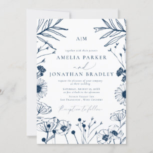Elegant Modern Blue Floral Sketch  Wedding Invitat Invitation