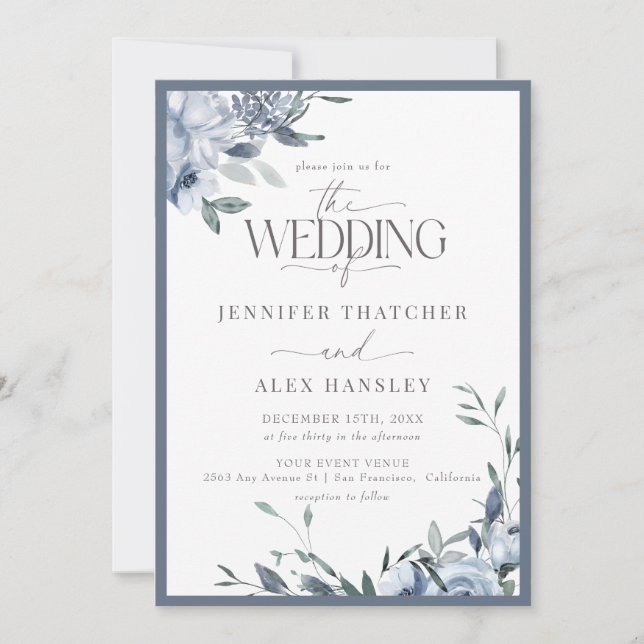 Elegant Modern Blue Floral Wedding | Qr Code Rsvp Invitation (Front)