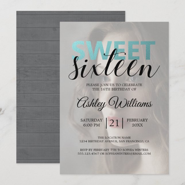 Elegant Modern Blue Foil Elegant Sweet 16 Photo Invitation (Front/Back)