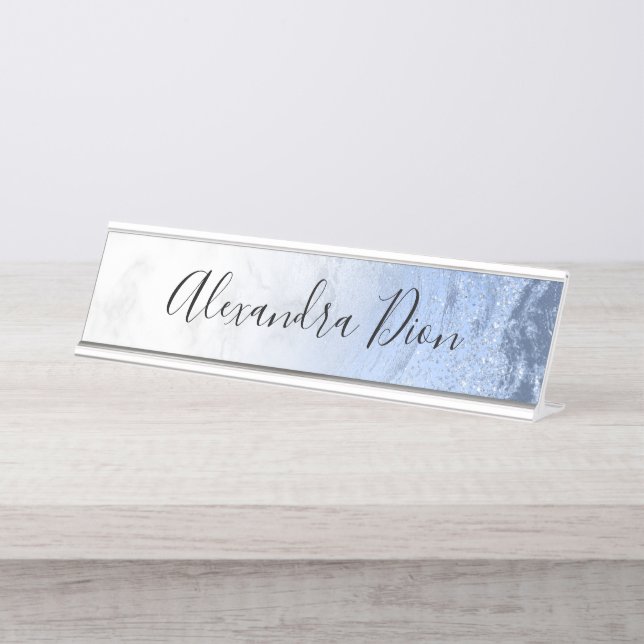 Elegant modern blue glitter white marble  desk name plate (Front)