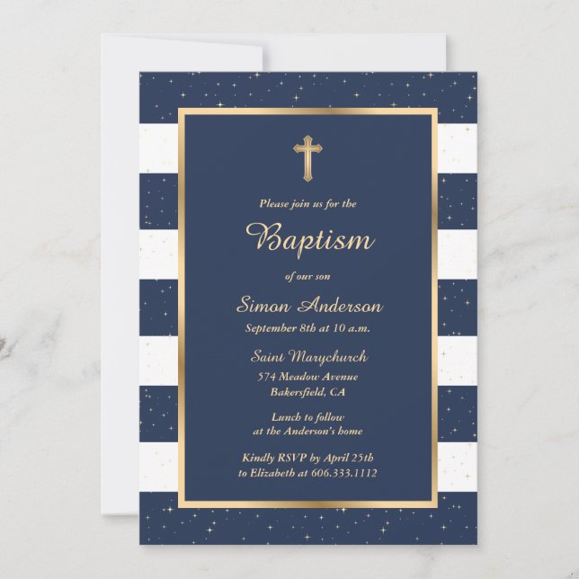 Elegant Modern Blue Gold Cross Starry Baptism Invitation (Front)
