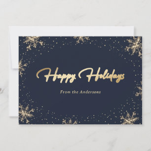 Elegant Modern Blue Gold Snowflake Holiday Card