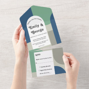 Elegant Modern Blue Green Grey Abstract Wedding All In One Invitation