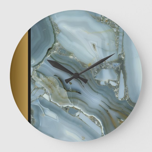 Elegant Modern Blue Grey Gold Marble Pattern  Large Clock (Front)