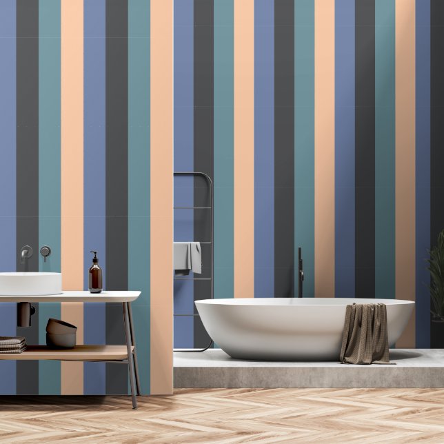 Elegant Modern Blue Grey Peach Vertical Stripes Wallpaper (Bathroom)