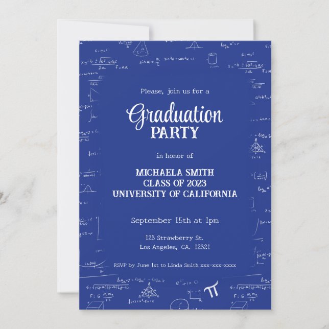Elegant Modern Blue Hand-Lettering Math Graduation Invitation (Front)