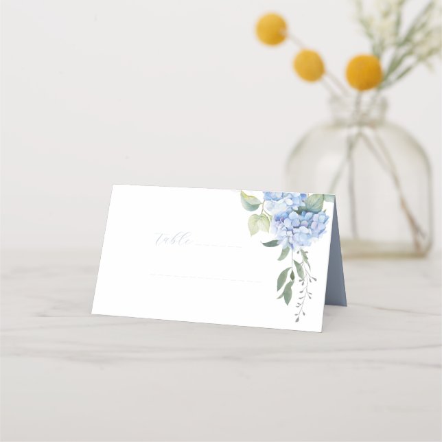 Elegant Modern Blue Hydrangea Wedding Table  Place Card (Front)
