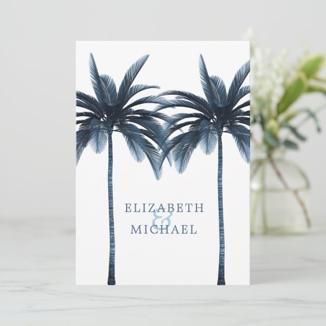 Elegant Modern Blue Palm Formal Wedding  Invitation (Standing Front)