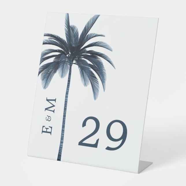 Elegant Modern Blue Palm Tree  Formal Wedding  Pedestal Sign (Front)