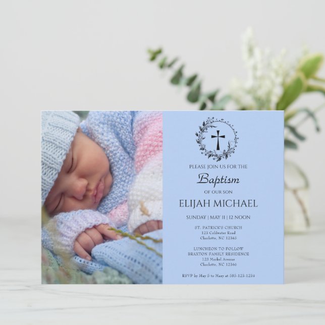 Elegant Modern Blue Photo Baptism Invitation (Standing Front)