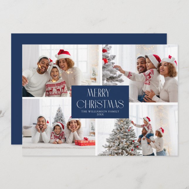 Elegant modern blue photo collage christmas card (Front/Back)