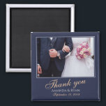 Elegant Modern Blue Photo Thank you Wedding Magnet<br><div class="desc">A favour wedding magnet with a wedding photo, bride and groom names and wedding date. Personalise with your wedding photo and other details. The text is in a script and the background is dark navy blue. An elegant and stylish thank you magnet - great as a gift for your wedding...</div>