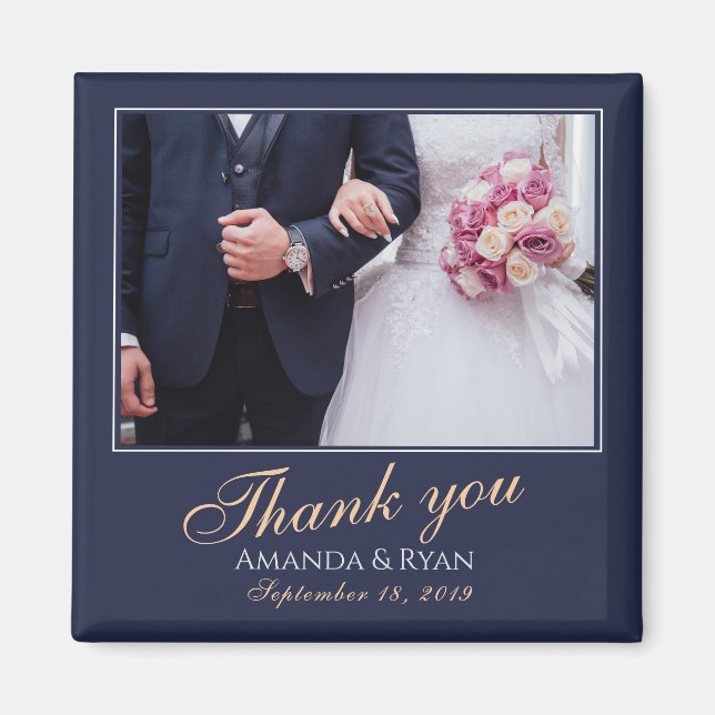 Elegant Modern Blue Photo Thank you Wedding Magnet (Front)