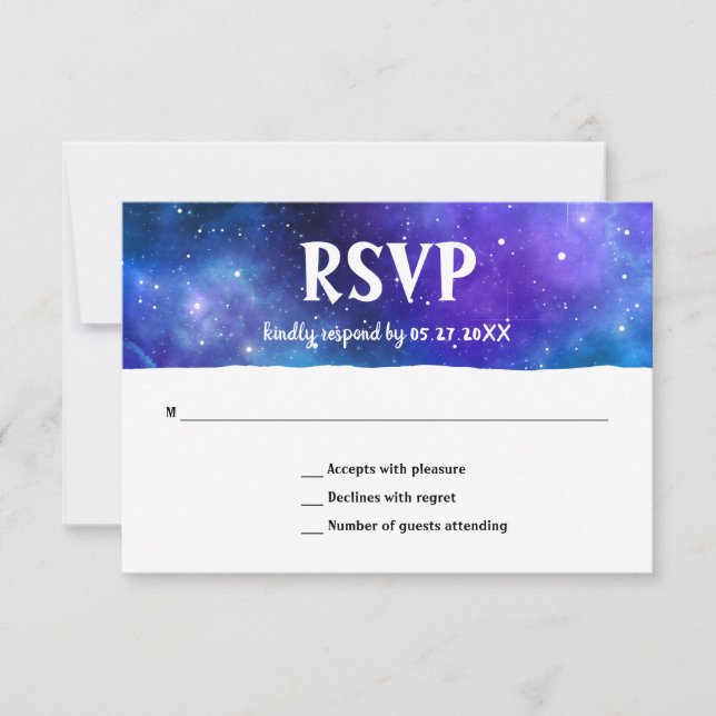 Elegant Modern Blue Purple Galaxy Bat Bar Mitzvah RSVP Card (Front)