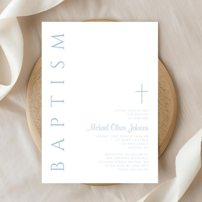 Elegant Modern Blue Script Cross Boy Baptism Invitation (Elegant Modern Blue Script Cross Boy Baptism Invitation)