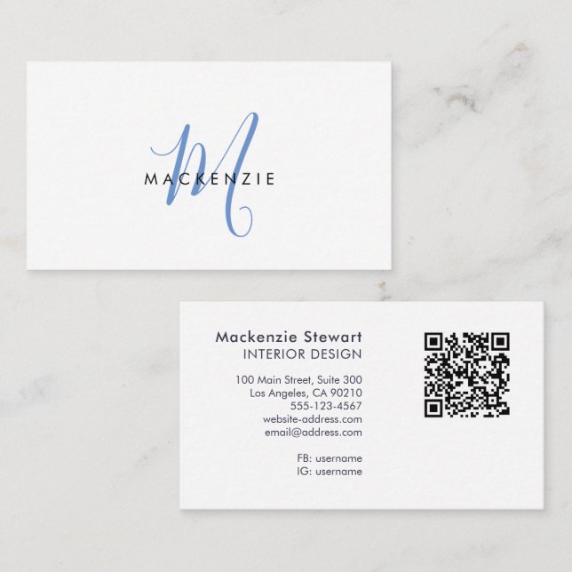 Elegant Modern Blue Script Monogram QR Code Business Card (Front/Back)