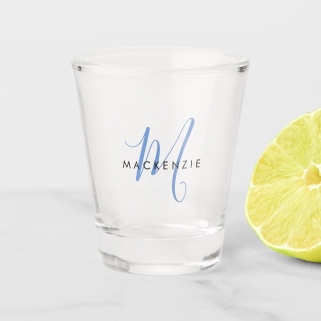 Elegant Modern Blue Script Monogram Shot Glass (Front)