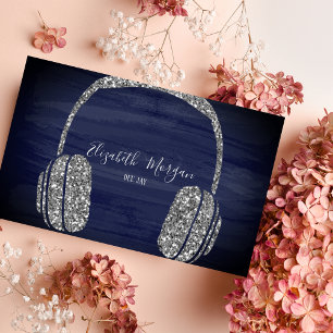 Elegant Modern Blue, Silver Glitter Headphone DJ Business Card