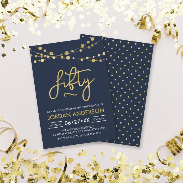 Elegant Modern Blue String of Lights 50th Birthday Invitation (Creator Uploaded)