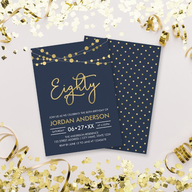 Elegant Modern Blue String of Lights 80th Birthday Invitation (Creator Uploaded)