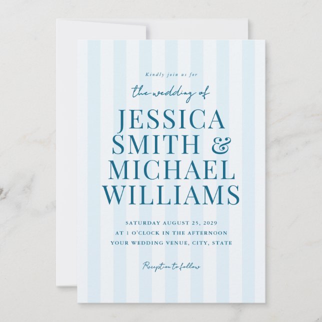 Elegant Modern Blue Striped Wedding Invitation (Front)