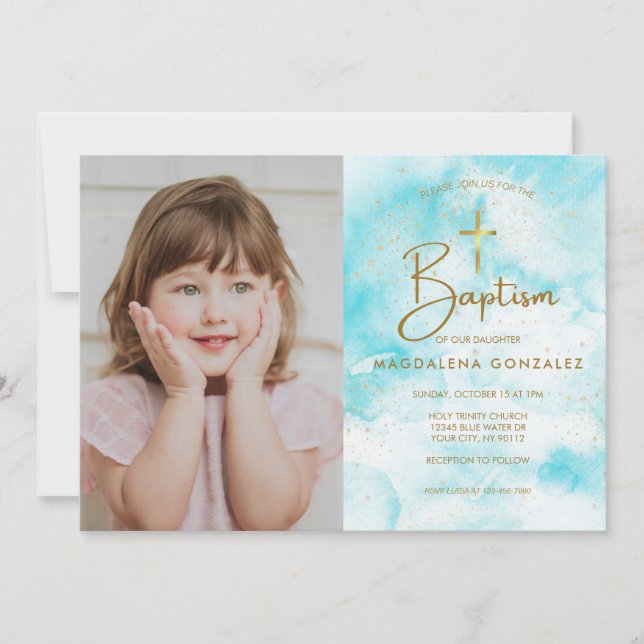 Elegant Modern Blue Watercolor Gold Cross Baptism Invitation (Front)