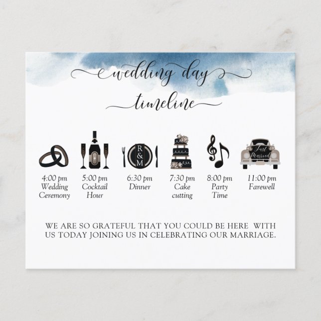 Elegant Modern Blue Wedding Timeline and Program (Front)