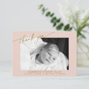 Elegant Modern Blush Gold Script Baby Photo Birth Thank You Card