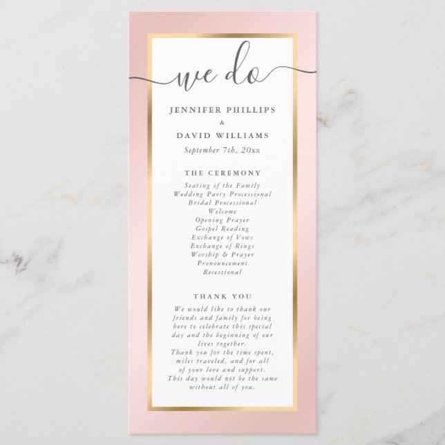 Elegant Modern Blush Pink and Gold Wedding Programme (Front)